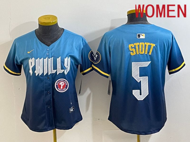 Women Philadelphia Phillies #5 Stott Blue City Edition Nike 2024 MLB Jersey style 5->women mlb jersey->Women Jersey